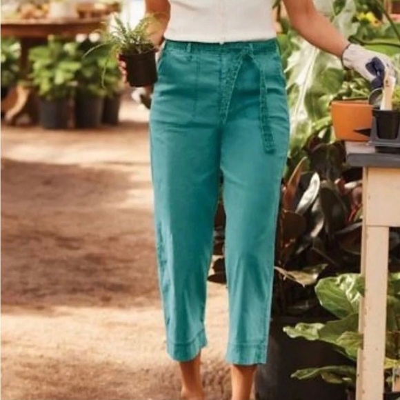 SOFT SURROUNDINGS Tea Party Crip Pants Tidal Wave Teal Turquoise Linen Belted - Picture 12 of 12